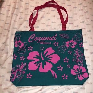 COZUMEL MEXICO TEAL FLORAL ZIPPER TOTE BAG NEW WOW